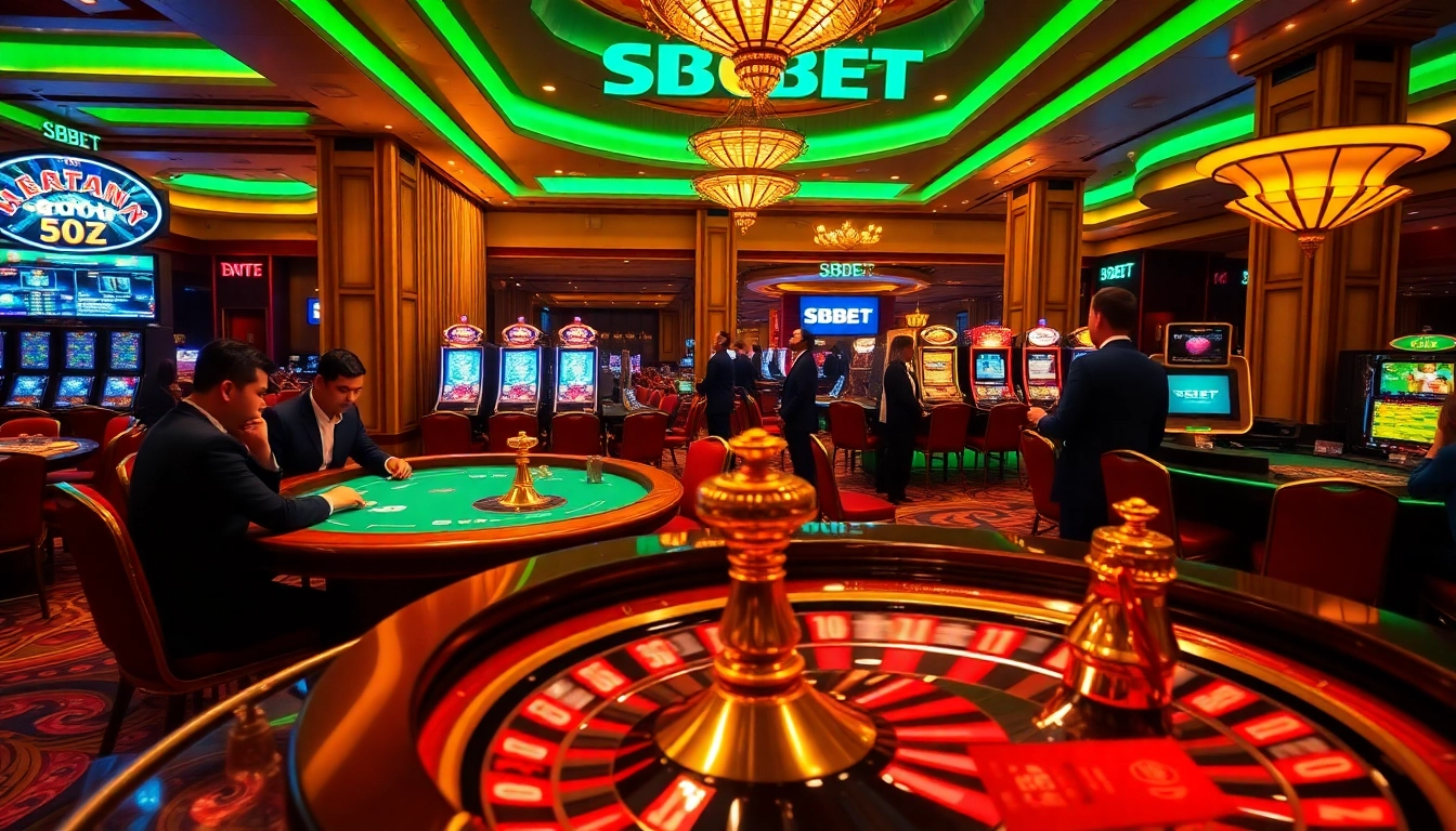 SBOBET casino scene featuring professional gaming, colorful roulette wheel, and elegant slot machines.