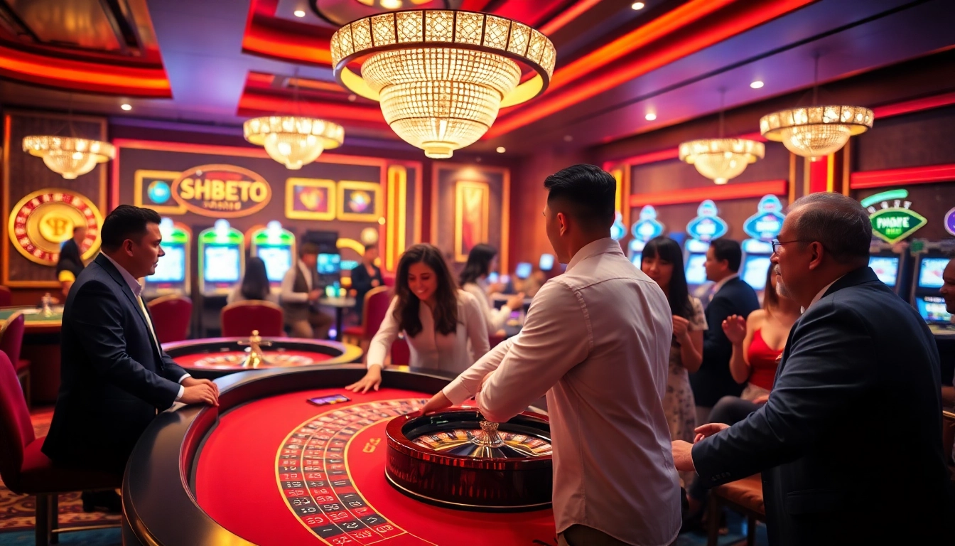 Experience the excitement of SHBET0 at a vibrant casino scene with engaging table gaming and slot machines.