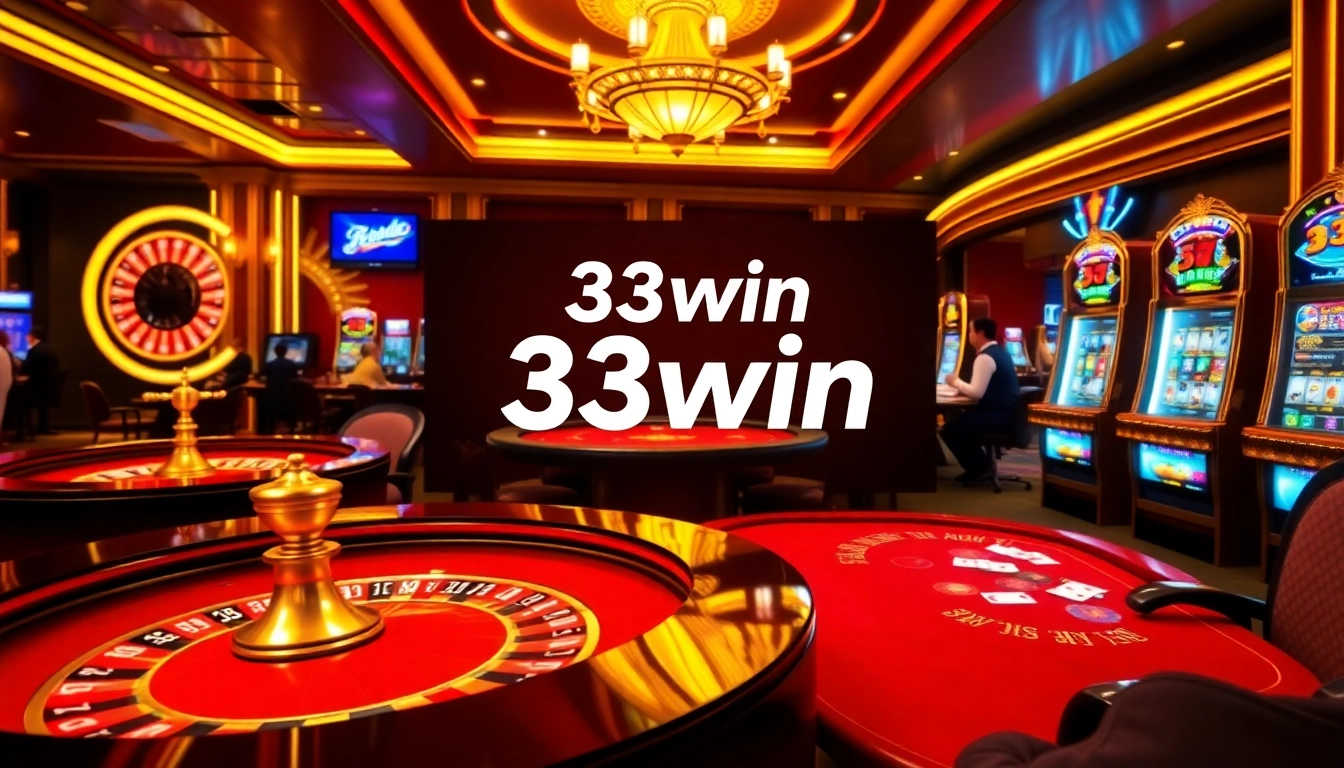33win online casino scene showing players enjoying roulette and poker in a vibrant setting.