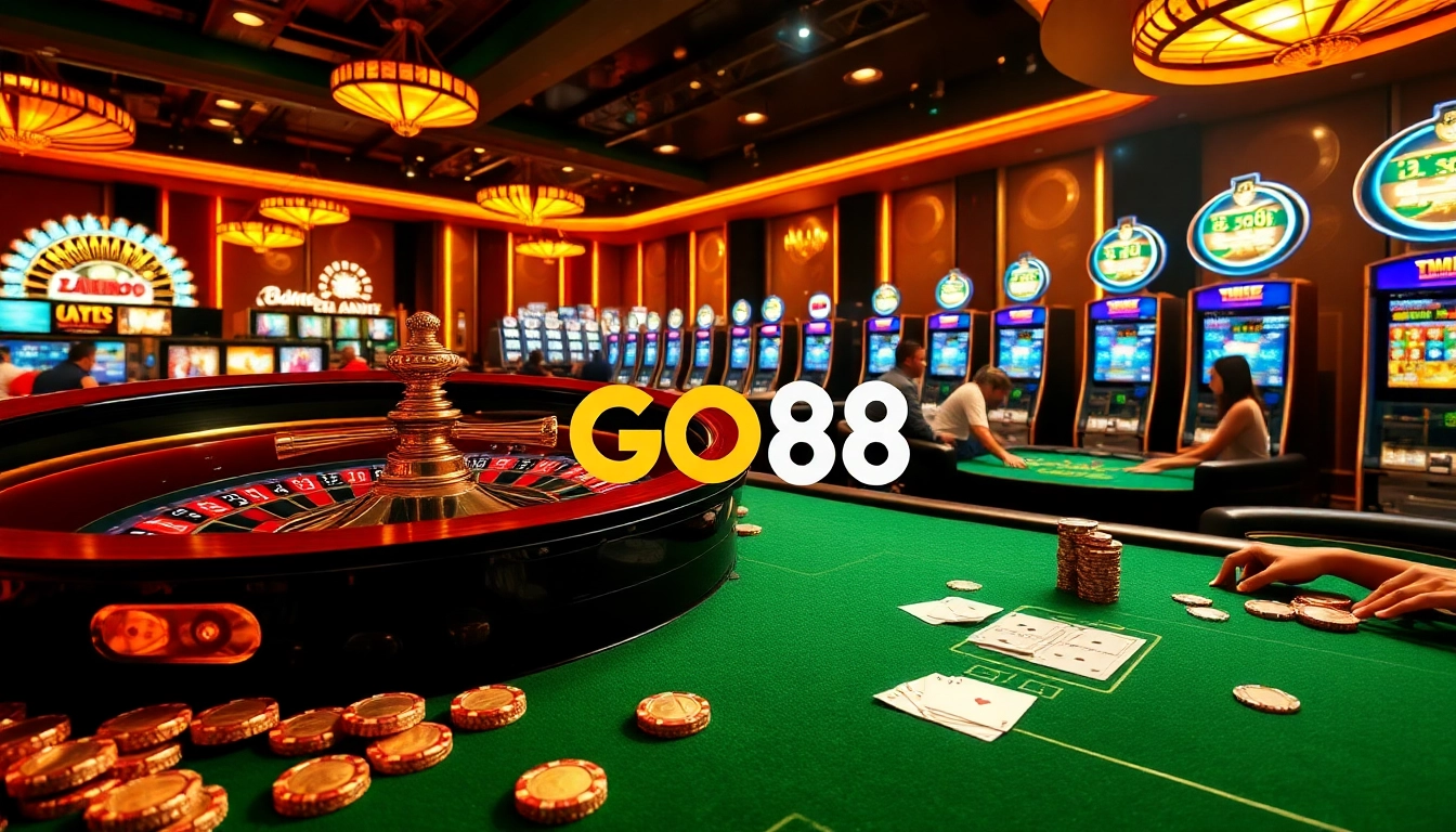Experience the thrill of gambling with GO88's vibrant casino ambiance featuring roulette, poker, and slot machines.