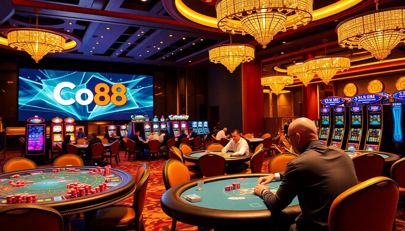 Experience exhilarating casino gameplay at Co88, featuring vibrant tables, poker chips, and dynamic gambling scenes.