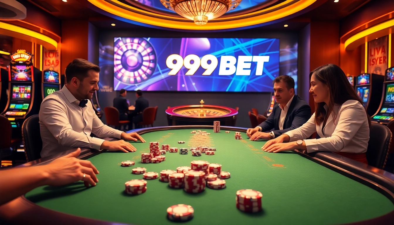 Players enjoying games at 999BET's luxurious casino scene, showcasing excitement and winning opportunities.