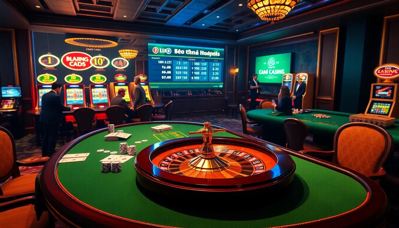 Kèo nhà cái 5 displayed on a vibrant casino setup with poker chips and cards in play.