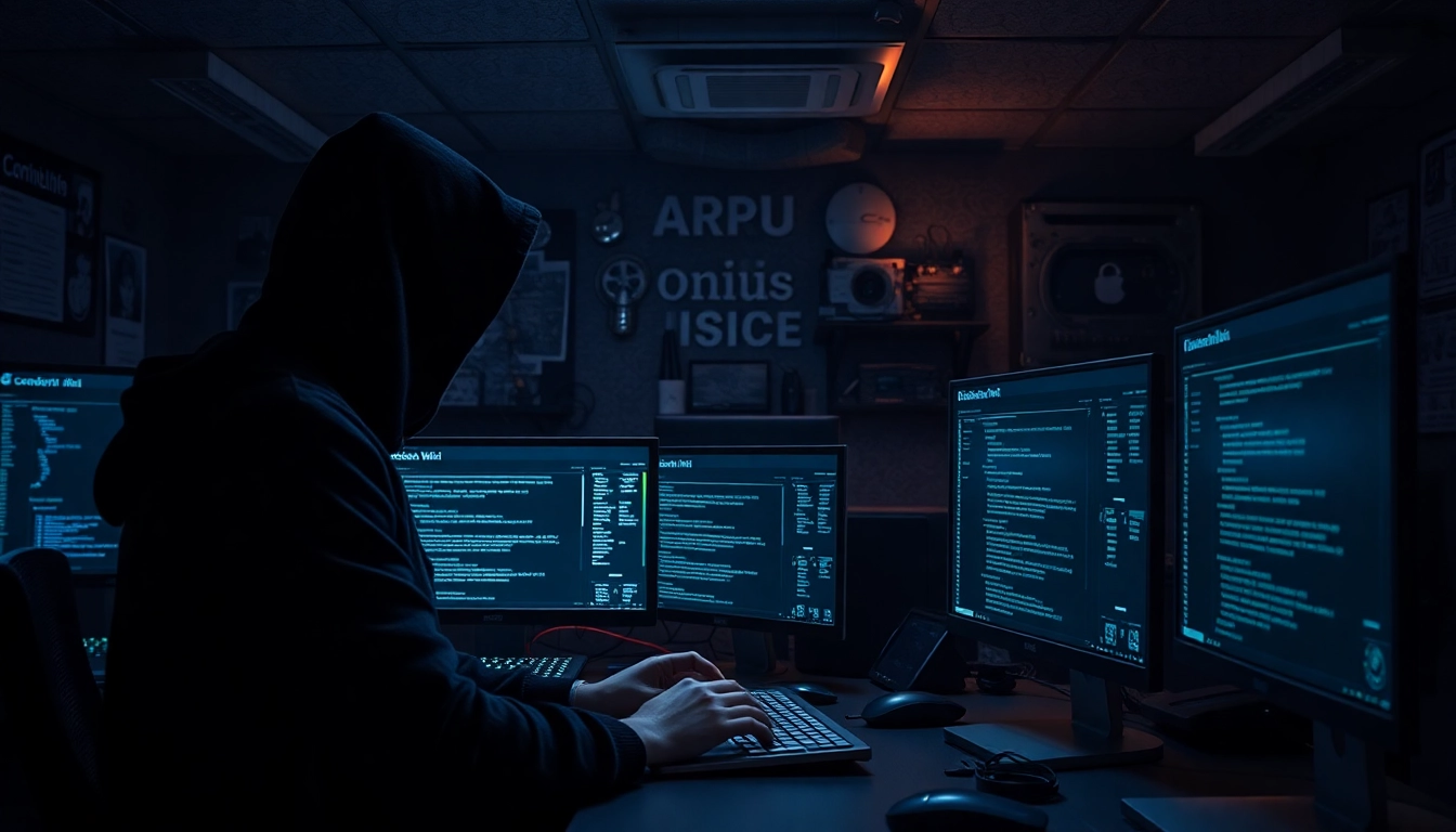 The hidden wiki interface displayed in a secure underground workspace with glowing screens and cybersecurity tools.