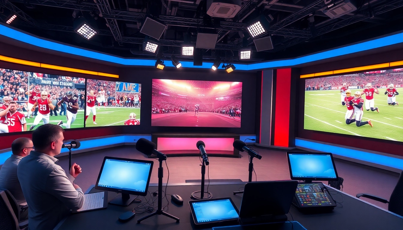 Engaging sports broadcasting scene with live screens and hosts providing commentary.