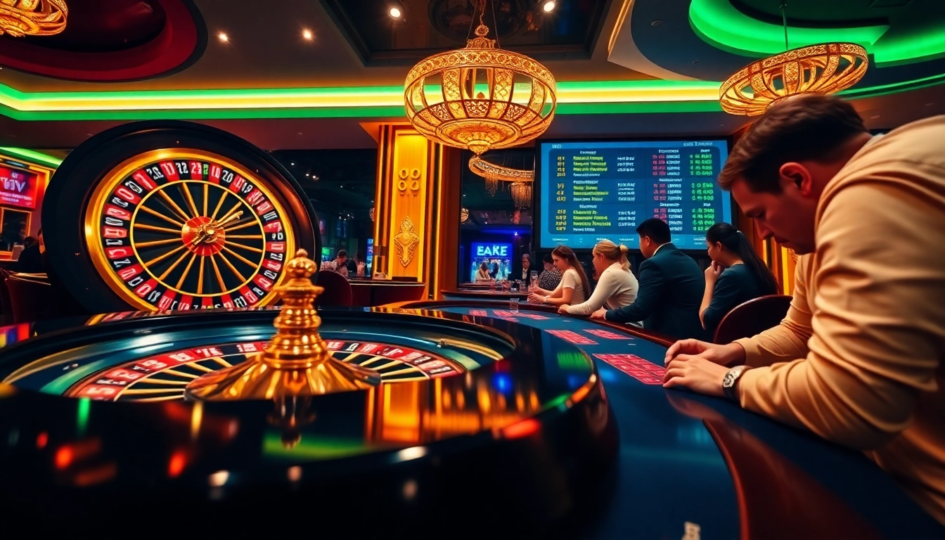 Players enjoying thrilling games at an upscale 99oke casino, featuring lively poker tables and roulette wheels.