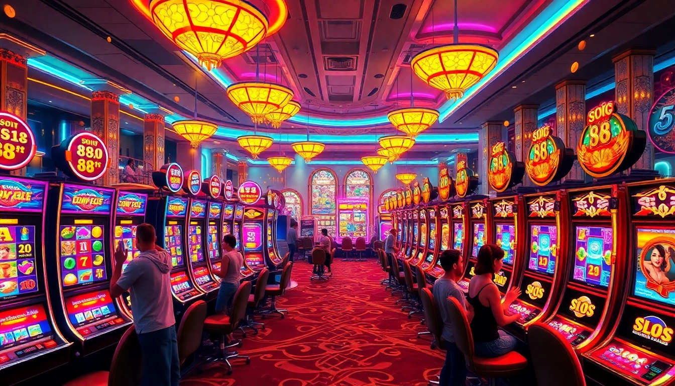 Excited players engaging with vibrant slot machines in a luxurious casino scene featuring slot 88.