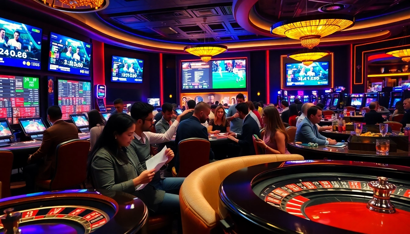 Gamblers analyzing odds and betting slips in a vibrant casino area showcasing keonhacai.