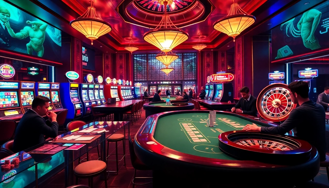 Exciting online gambling activity on trang chủ 8kbet featuring poker tables and colorful slot machines.