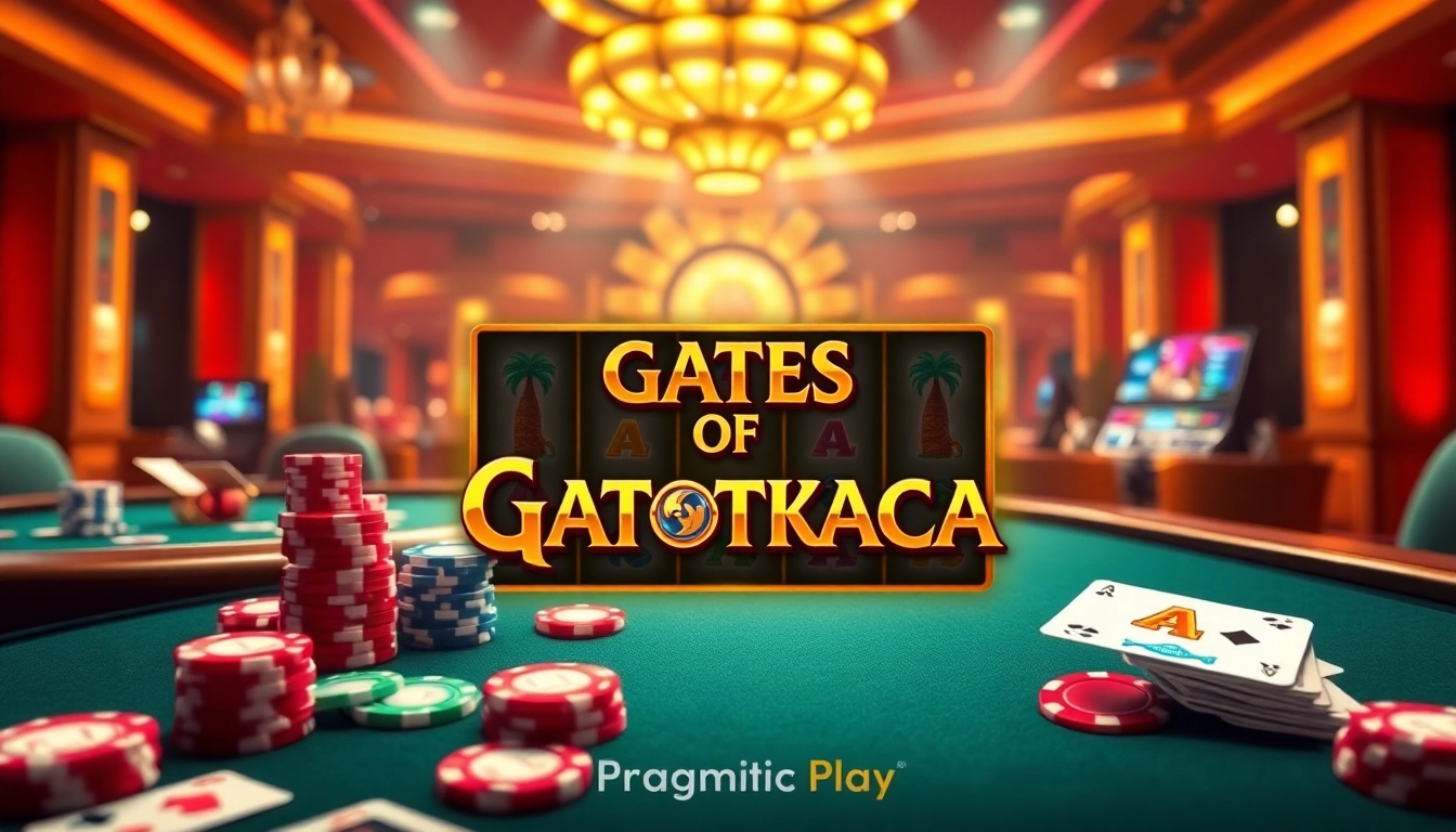Engage with the thrilling 'Gates of Gatotkaca' slot game amidst a luxurious casino backdrop.
