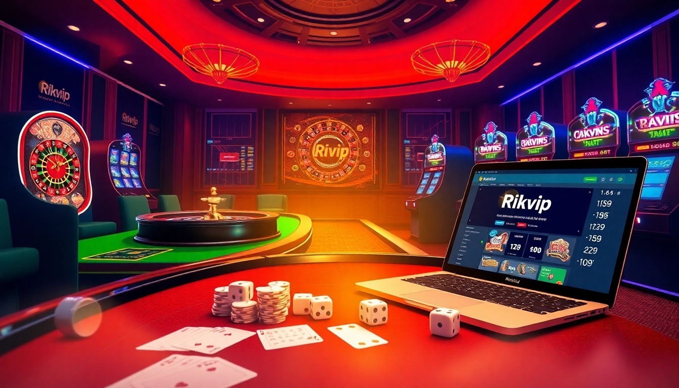 RIKVIP online gambling interface showcasing poker, roulette, and slot machines for an exciting gaming experience.