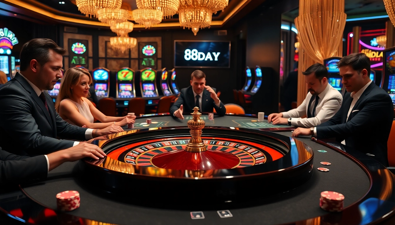 Excitement at 8DAY casino with roulette and professional players at a high-stakes table.