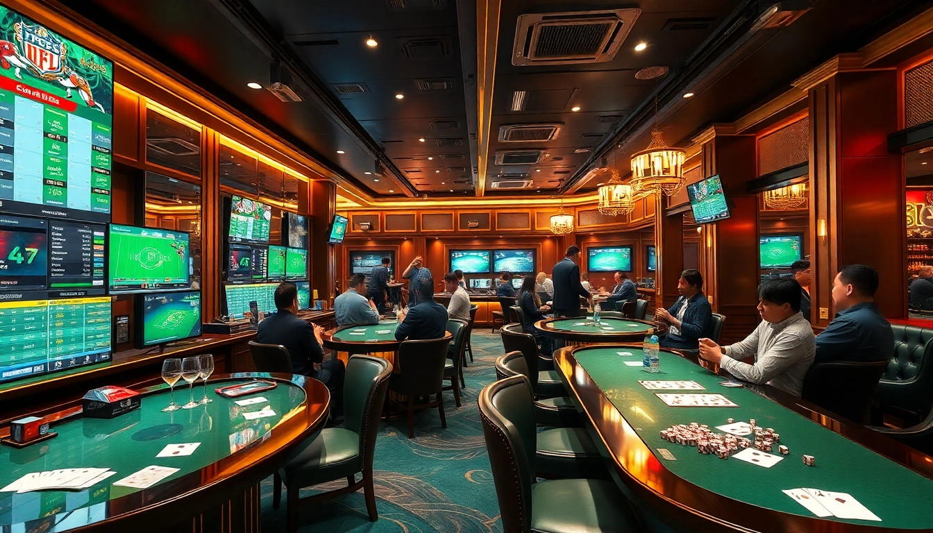 Enthusiastic bettors engaging in แทงบอล with stylish bets placed in a modern sports betting lounge.