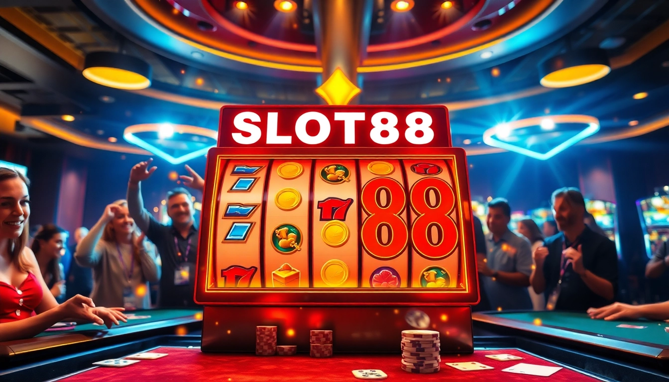 Playing the vibrant SLOT88 slot machine amidst an electrifying casino atmosphere.