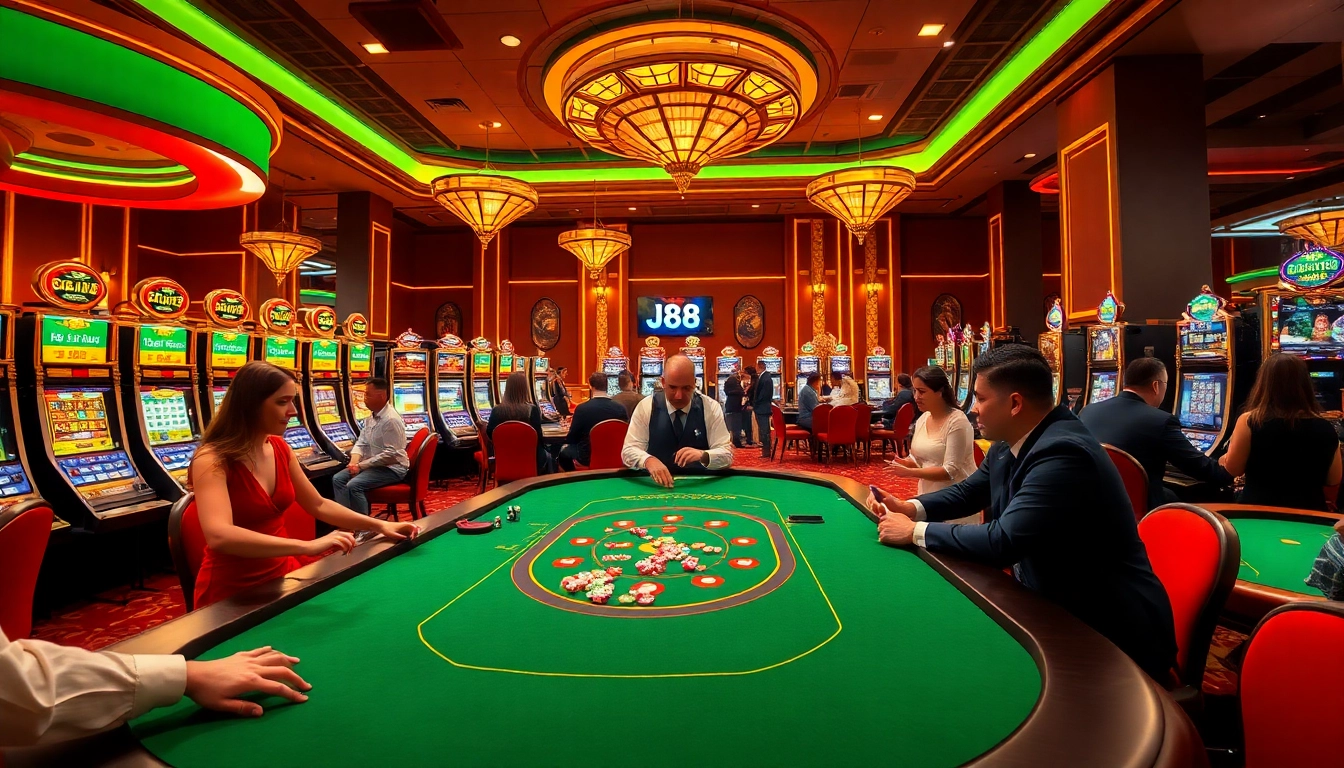 Players excitedly enjoy a high-stakes game at j88 com, illuminated by vibrant casino lights.