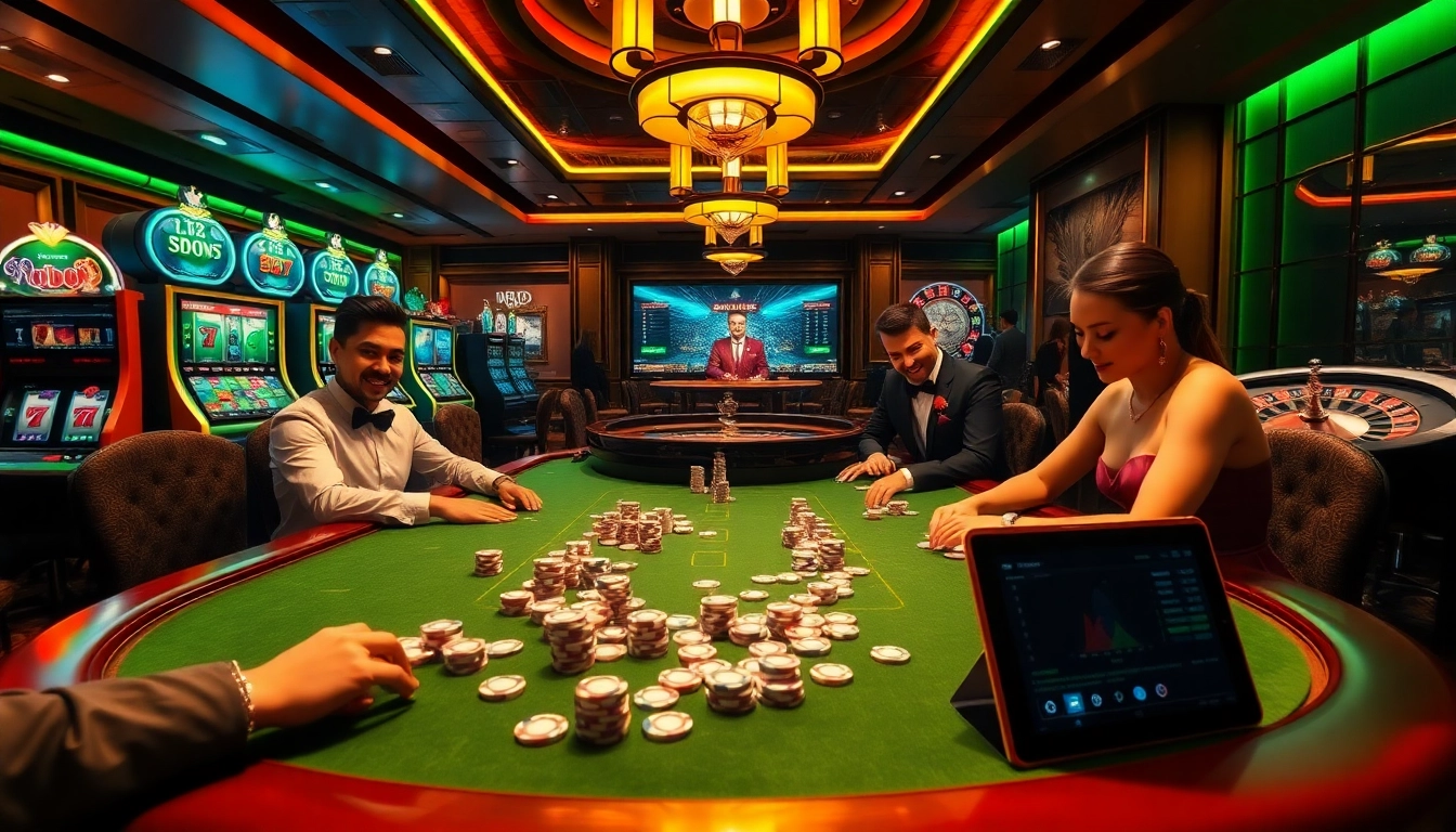 Players enjoy an exciting poker game at QH88 Casino, surrounded by vibrant chips and cards.