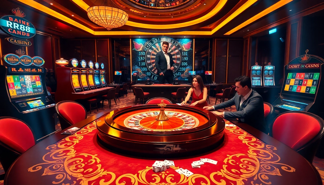 Experience the thrill of RR88 with an elegant casino scene featuring vibrant games and enthusiastic players.