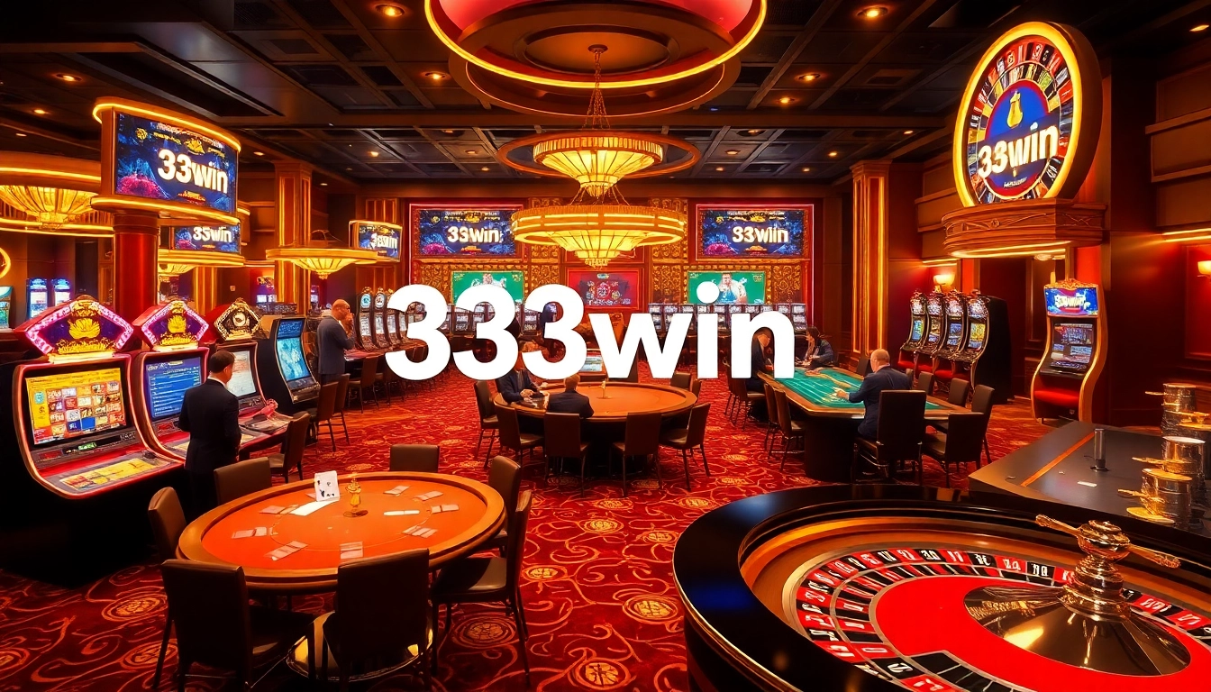 33win casino scene with players at roulette and poker tables, showcasing excitement and luxury.
