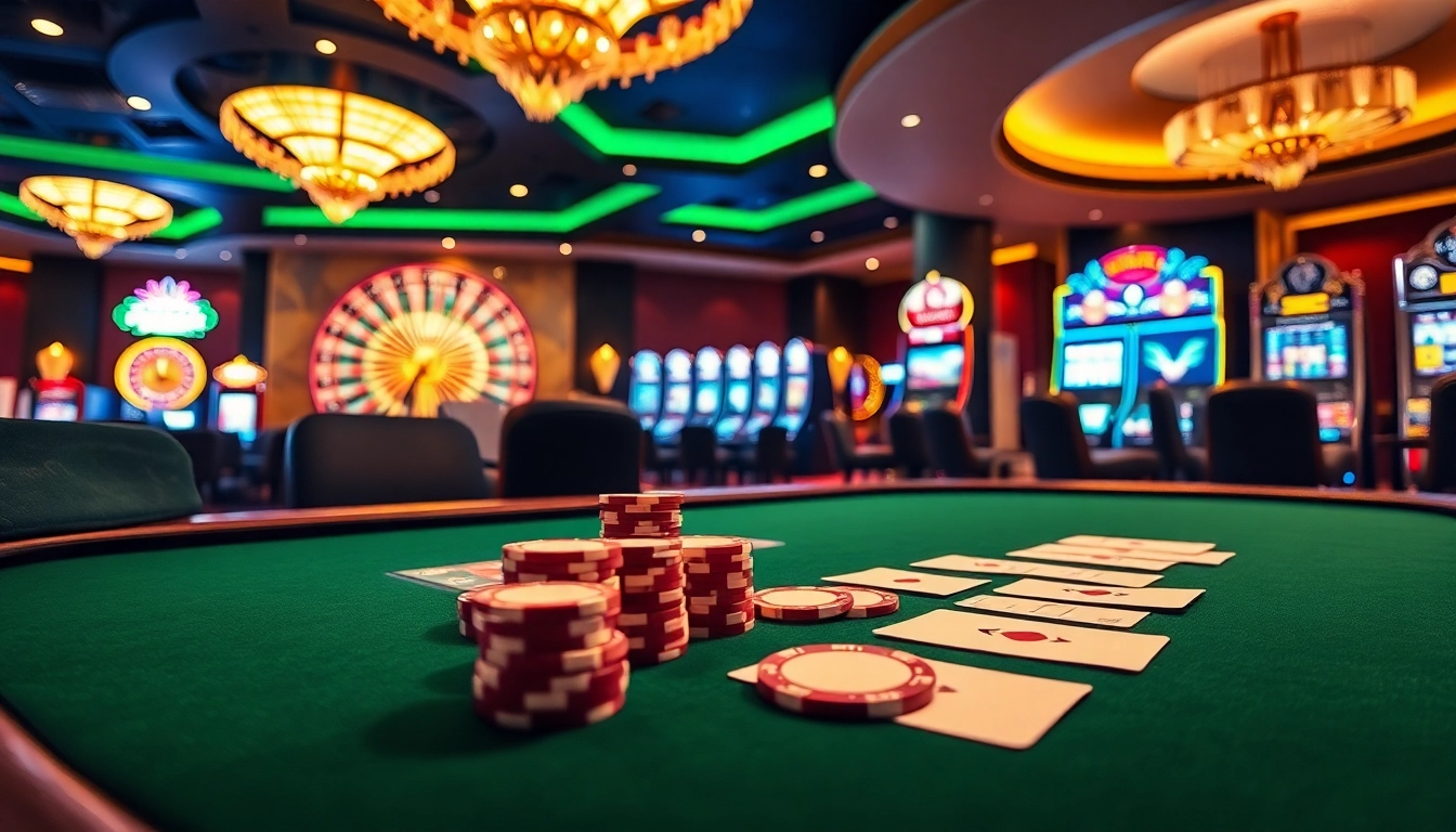 Engaging casino scene depicting j88 poker with vibrant gaming elements and luxury ambiance.