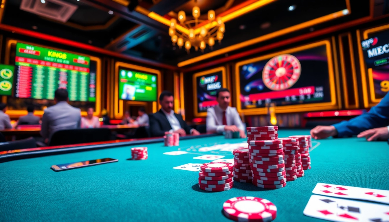 Exciting poker game at king88 casino, showcasing vibrant chips and focused players.