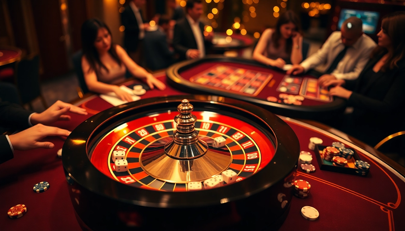 A lively casino scene capturing the excitement of gambling at https://123b.ing/, featuring a roulette wheel and poker chips.
