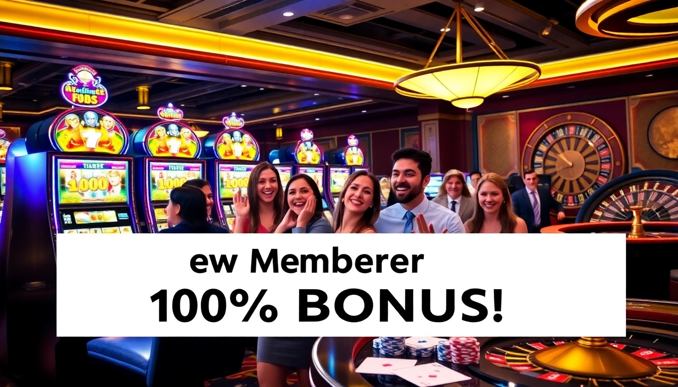 Excited players celebrating wins with slot bonus new member promotion in a vibrant casino setting.