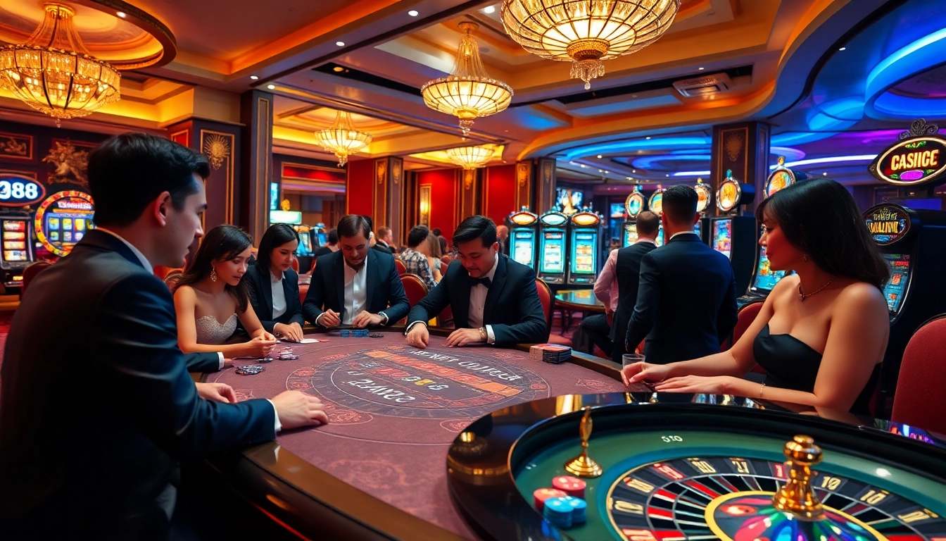Players enjoy high-stakes poker at a luxurious qh88 casino with vibrant slot machines and roulette.
