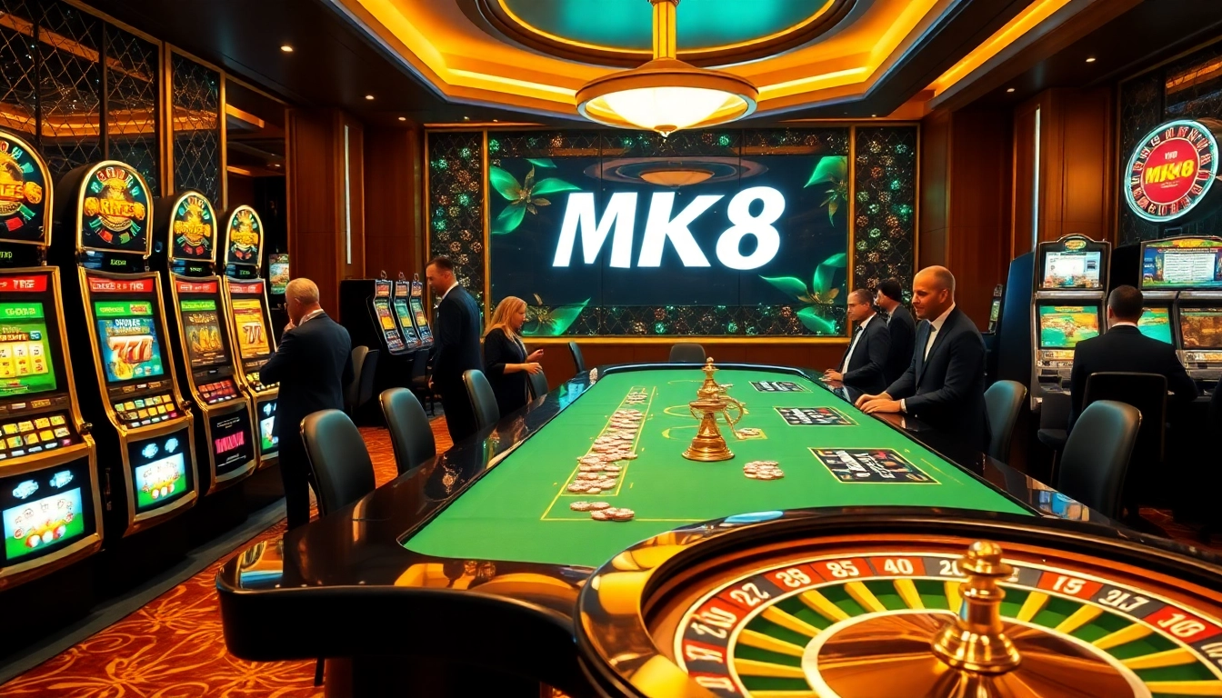 Exciting gaming scene showcasing สมัคร MK8 with vibrant slots and poker tables.