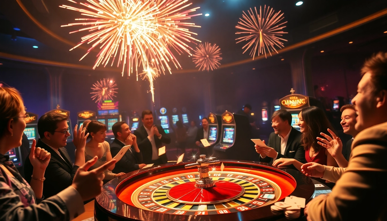 Explosion of a prize-winning lottery celebrated at a vibrant casino with festive fireworks and enthusiastic players.