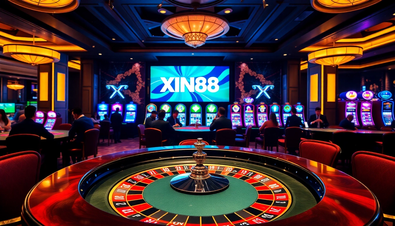 XIN88 players enjoying a thrilling game at a luxurious poker table in a vibrant casino.