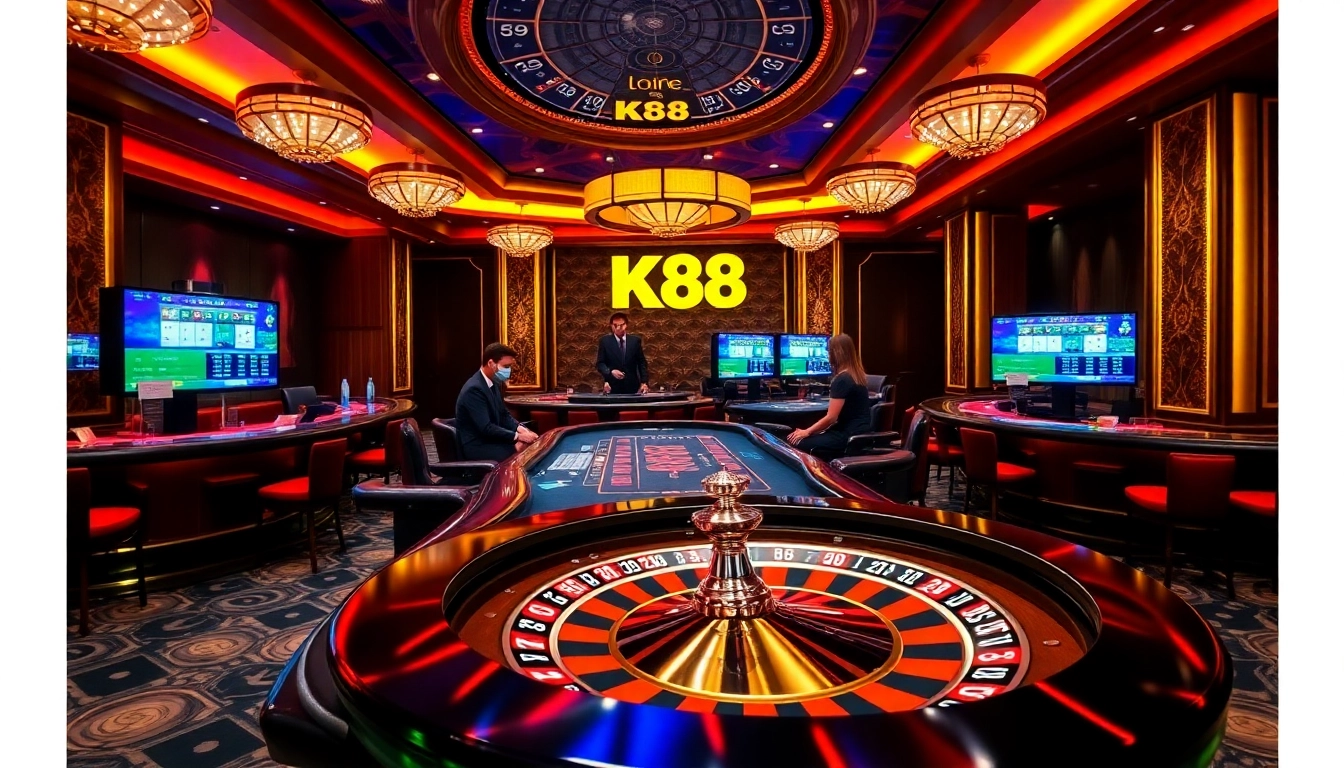 K88 poker players enjoying a vibrant casino atmosphere with elegant gaming tables.