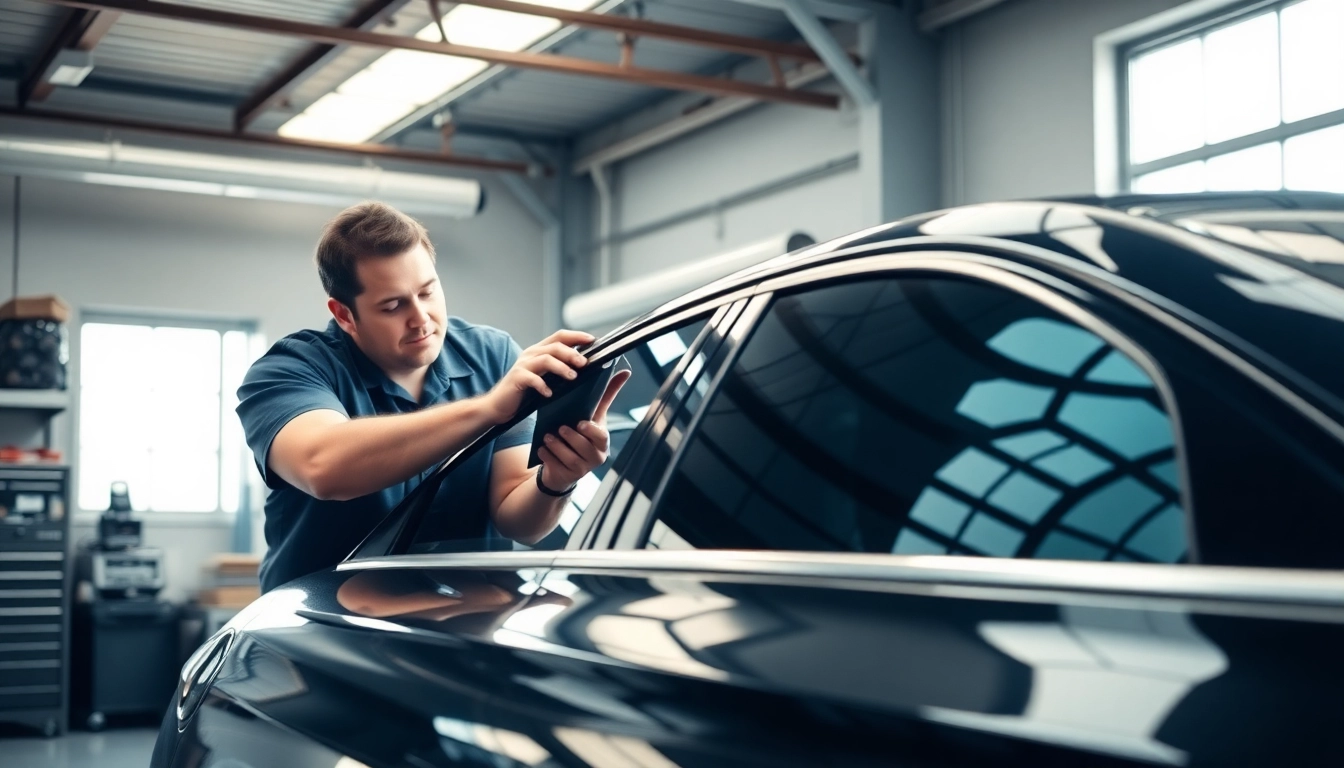 Window tinting Cleveland TN service technician applying tint to a sleek car for enhanced privacy and style.