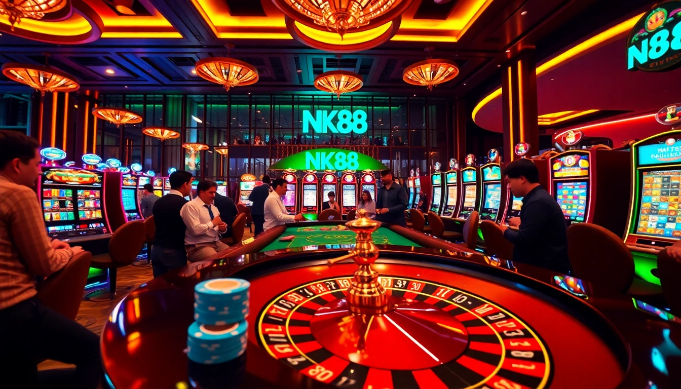 Engaging players enjoying nk88 bet at a luxurious casino with roulette and slot machines.