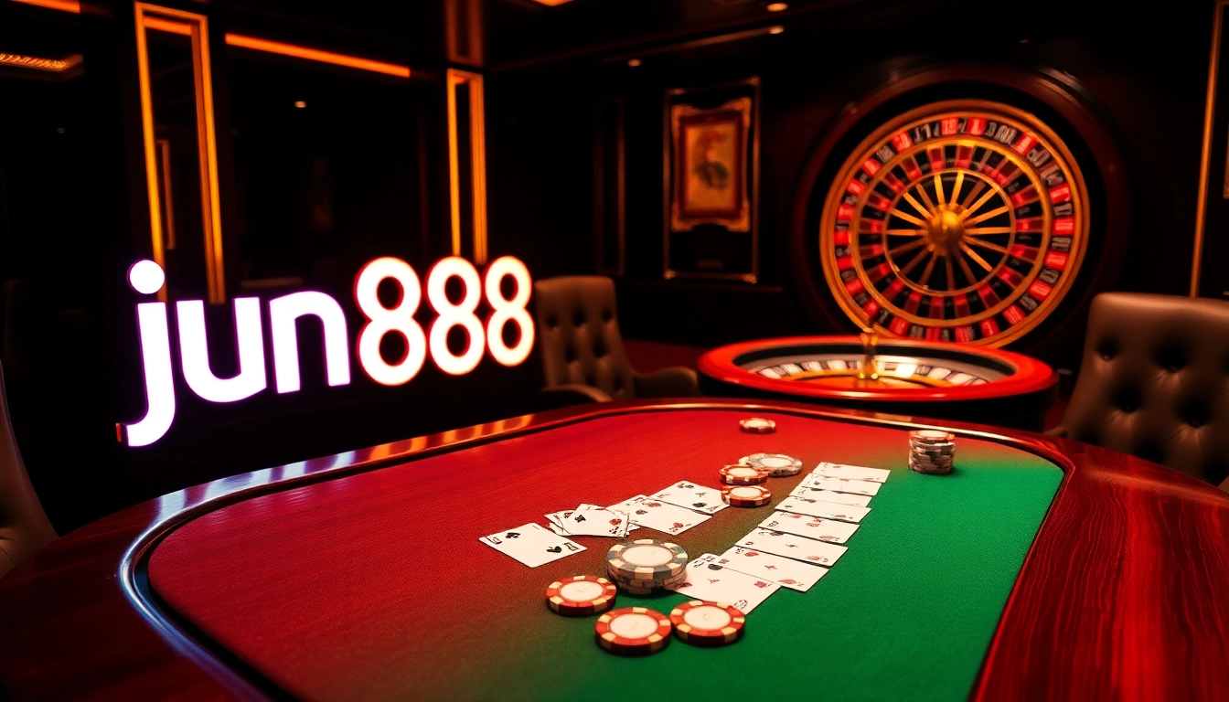 Engaging poker action at jun888 casino with vibrant chips and elegant table setup.