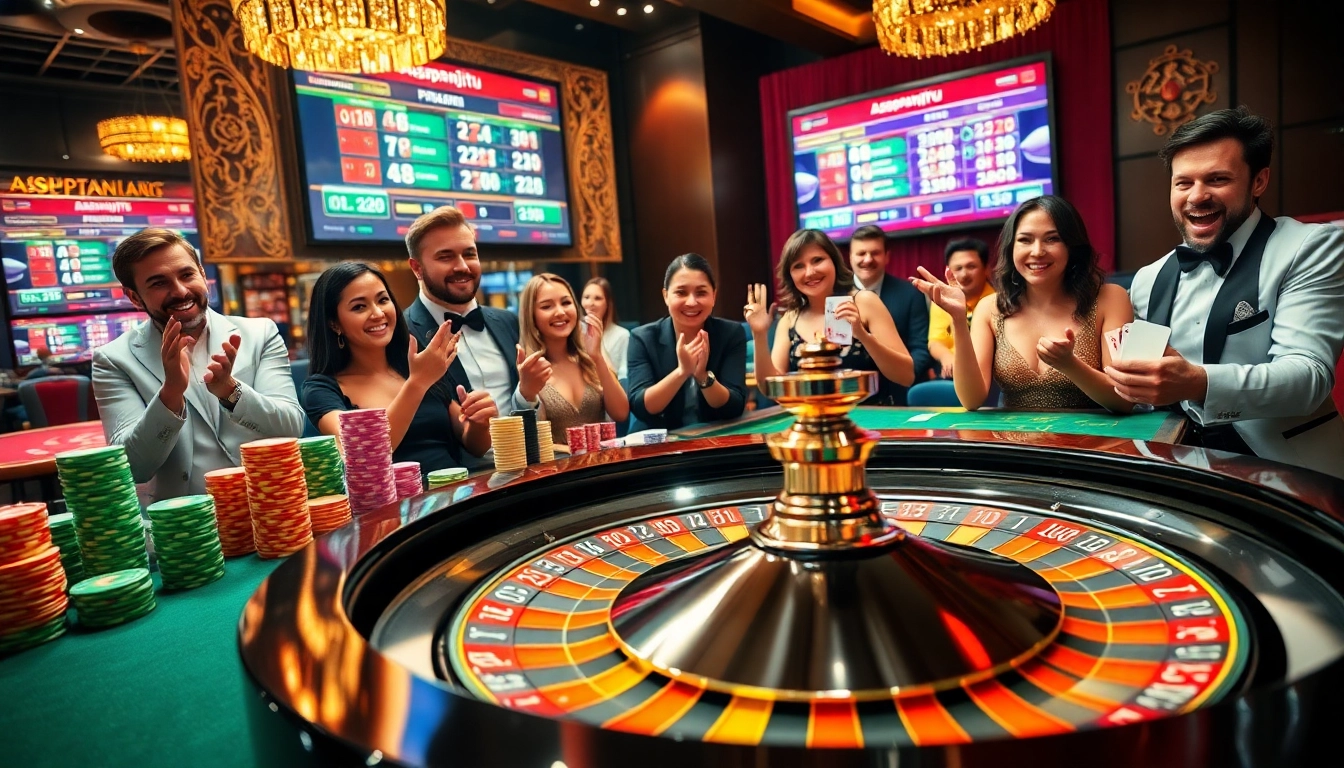 Experience the thrill of asupanjitu gaming at a luxurious casino, showcasing vibrant roulette and poker action.