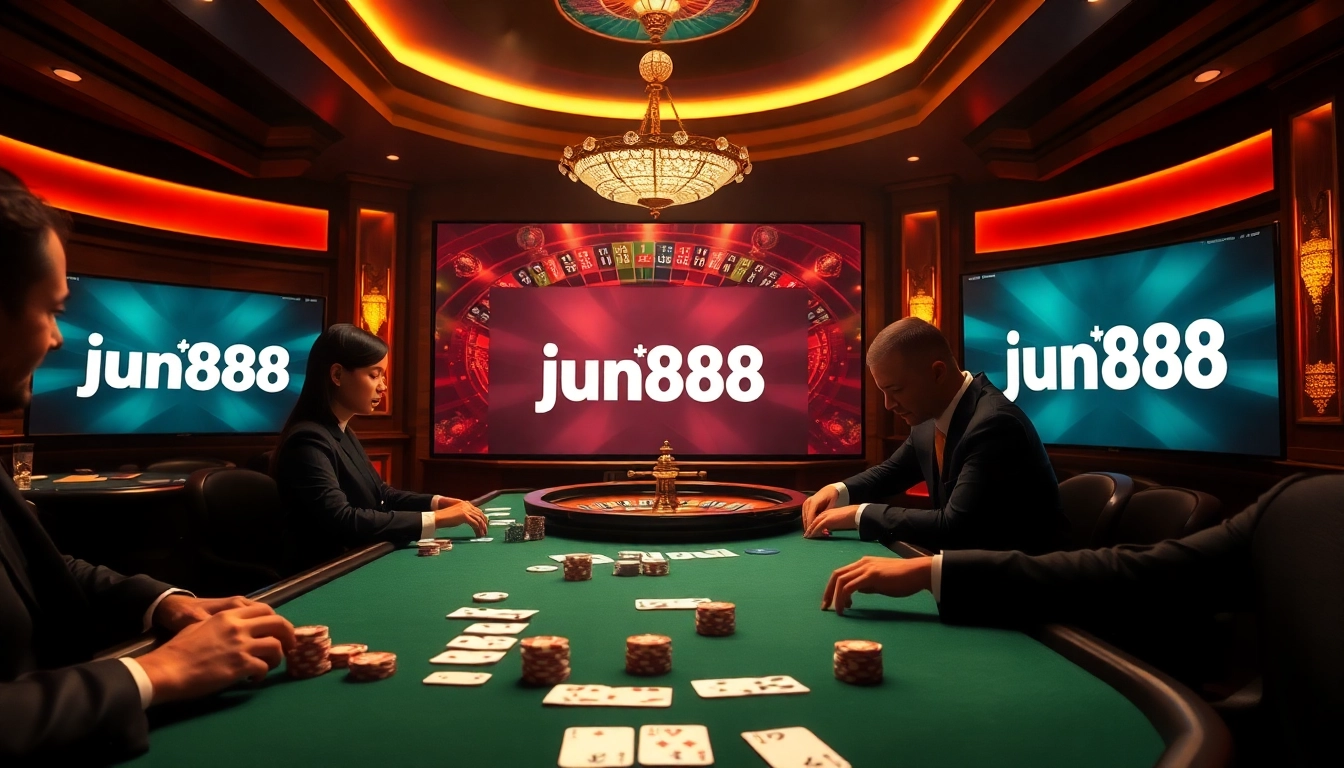 Players enjoying a thrilling poker game at a luxury casino showcasing jun888 with vibrant chips and cards.