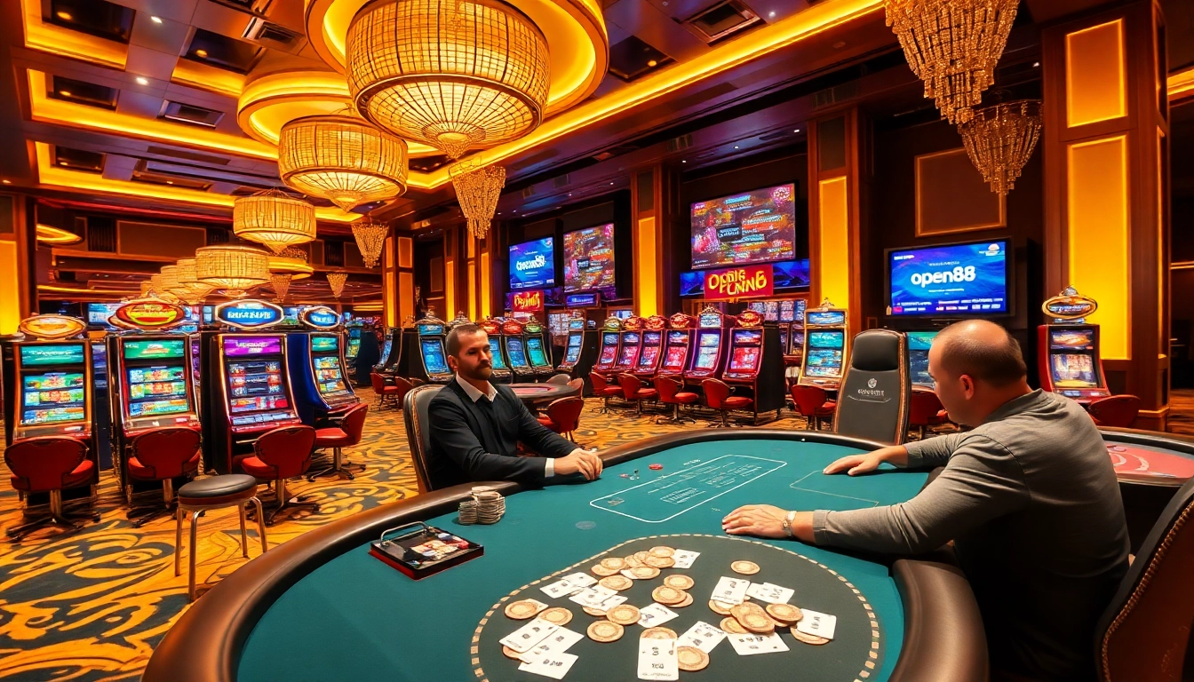 Engage in high-stakes poker at open88.com with an inviting casino atmosphere filled with dynamic lighting and vibrant games.