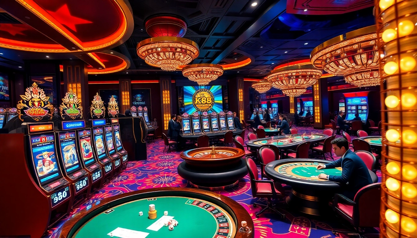 K88 online gambling interface with vibrant slot machines and poker tables under dynamic casino lighting.