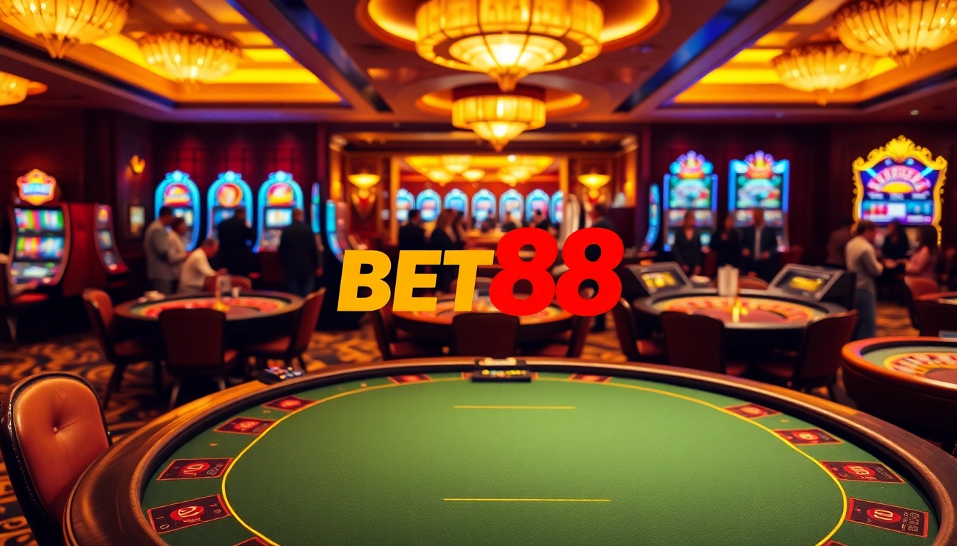 BET88 logo shining on a luxurious poker table amidst vibrant casino excitement.