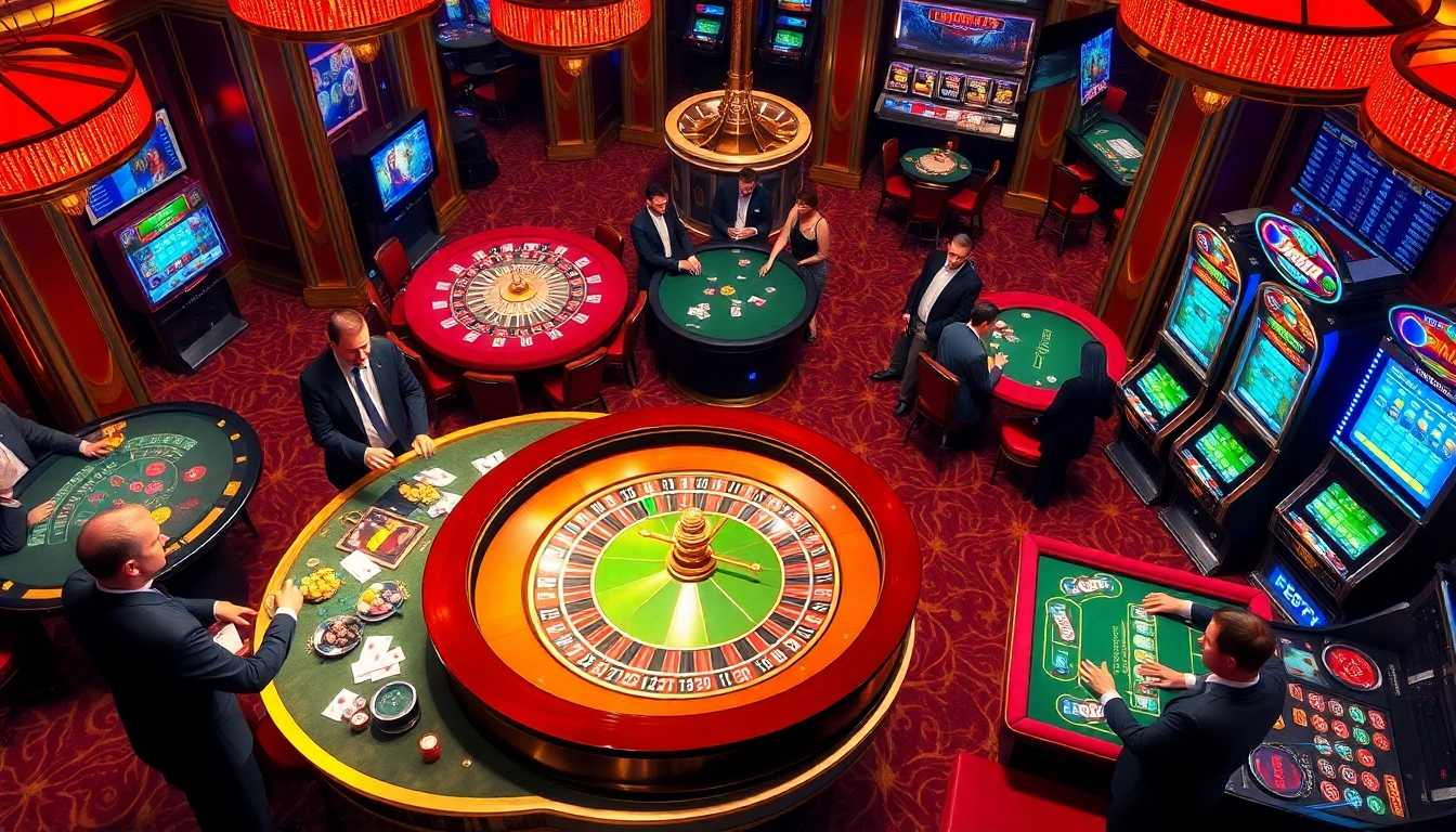 Gamblers enjoying the excitement of roulette and poker at 789P casino, showcasing vibrant gaming action.