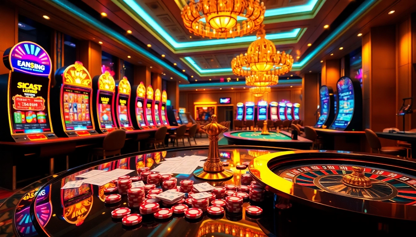 Experience thrilling gameplay at nhà cái XX88 with vibrant casino elements like poker tables and slot machines.