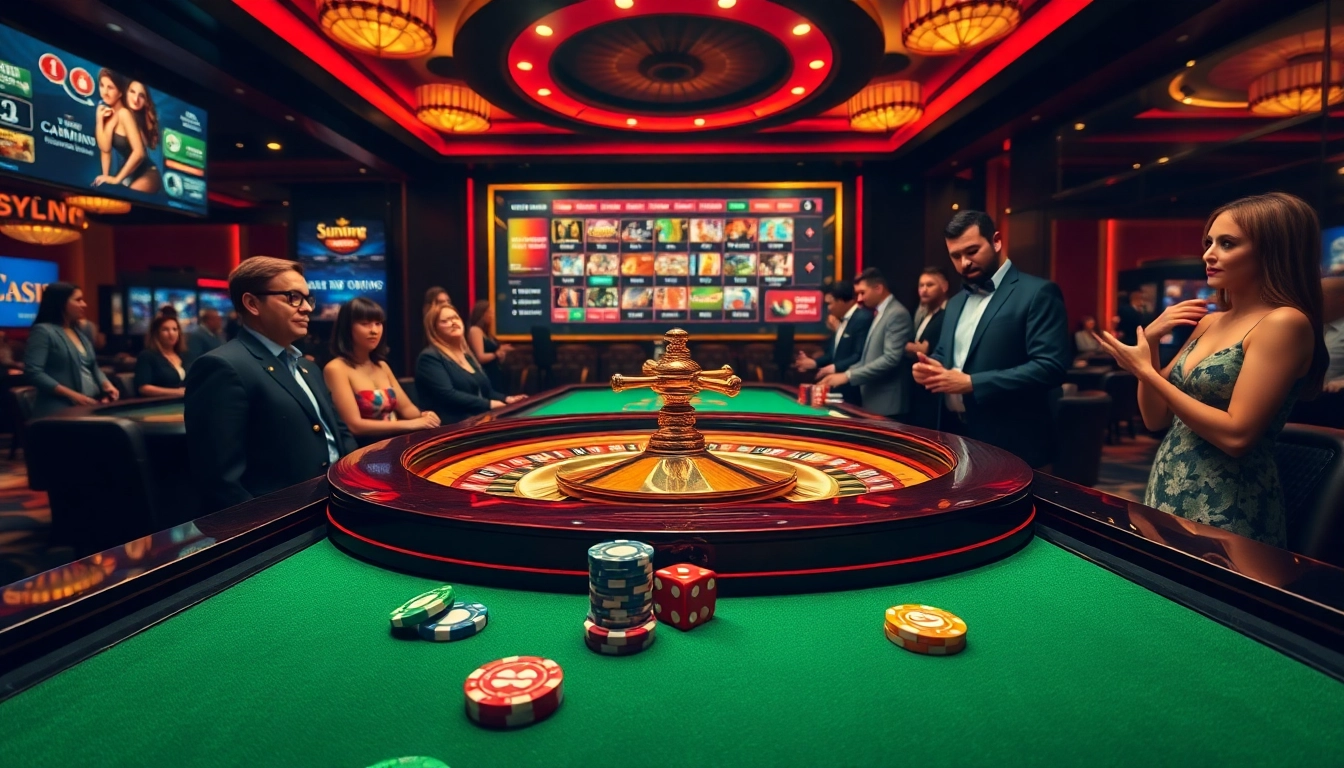 Sunwin casino scene showcasing thrilling gameplay with roulette, poker chips, and eager players.