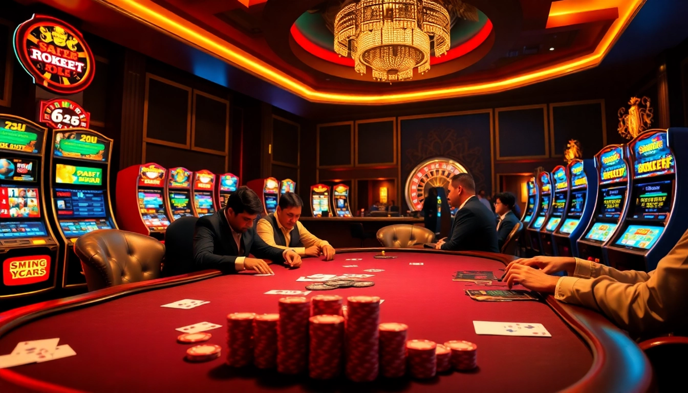 A vibrant casino scene depicting the excitement of the trang chủ 8kbet experience, featuring poker tables and slot machines.