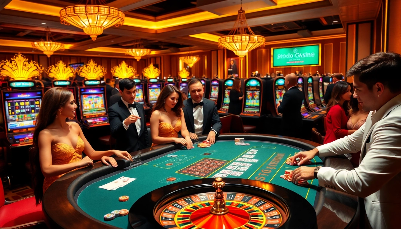 Experience the excitement of SODO Casino with players engaged in thrilling games at a luxurious poker table.