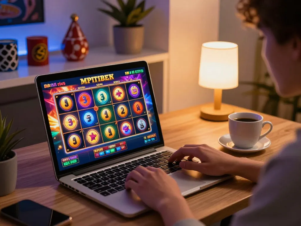 Engaging in online slot gaming on a laptop at a cozy desk with vibrant visuals.