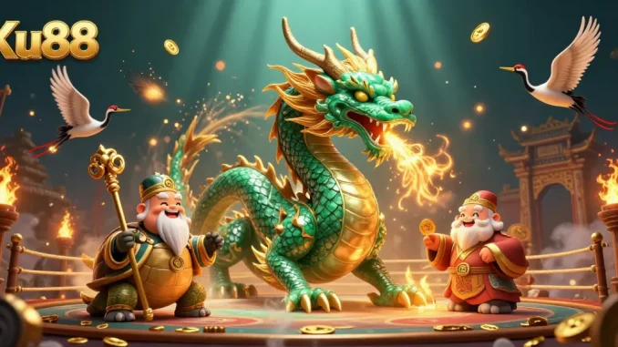 Experience thrilling action in Ku88 with a jade dragon and lucky cranes amidst shimmering casino elements.