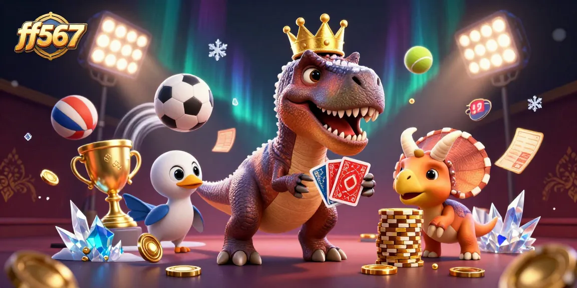 ff567 oferece uma experiência única de cassino, com dinossauros jogando cartas e apostando em fichas de ouro.