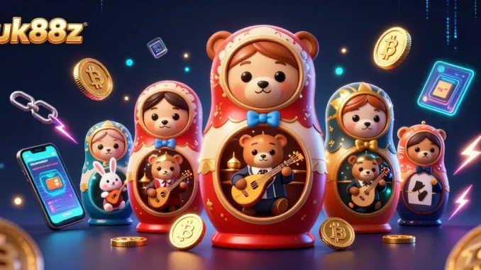 Experience the vibrant excitement of uk88z with a festive 3D casino scene filled with characters and glowing crypto elements.