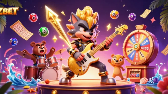 ZBET features a vibrant illustration of a cartoon rock star wolf playing guitar among colorful lottery elements in a dynamic casino setting.