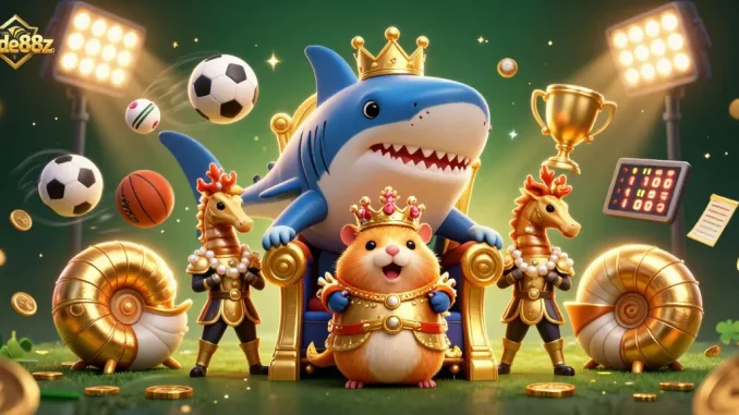 Experience the thrill of lode88z with this vibrant 3D illustration showcasing a golden hamster king and dynamic sports elements.